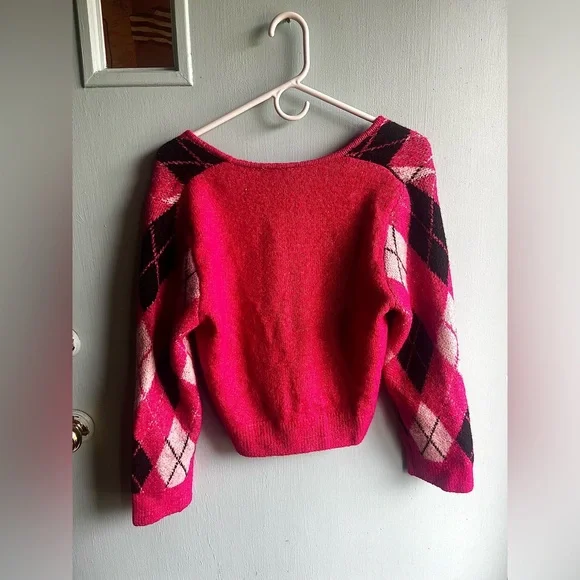 H&M Knitted Cardigan V neck Long Sleeve Pink Argyle - Picture 3 of 3